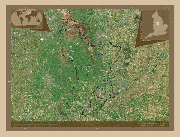 德比郡 英格兰的行政区划 大不列颠 低分辨率卫星地图 该区域主要城市的地点和名称 角辅助位置图 — 图库照片