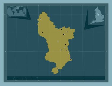 Derbyshire, İngiltere idari kontluğu - Büyük Britanya. Katı renk şekli. Bölgenin büyük şehirlerinin yerleri. Köşedeki yedek konum haritaları