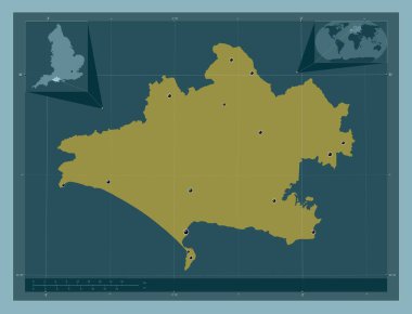 Dorset, İngiltere idari bölgesi - Büyük Britanya. Katı renk şekli. Bölgenin büyük şehirlerinin yerleri. Köşedeki yedek konum haritaları