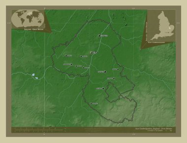 Doğu Cambridgeshire, İngiltere 'nin metropolitan olmayan bölgesi - Büyük Britanya. Yükseklik haritası göller ve nehirlerle wiki tarzında renklendirilmiş. Bölgenin büyük şehirlerinin yerleri ve isimleri. Köşedeki yedek konum haritaları