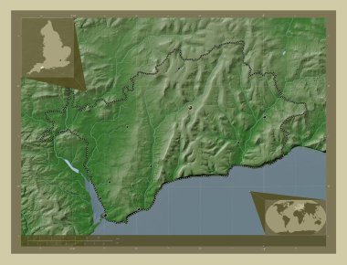 Doğu Devon, İngiltere 'nin metropolitan olmayan bölgesi - Büyük Britanya. Yükseklik haritası göller ve nehirlerle wiki tarzında renklendirilmiş. Bölgenin büyük şehirlerinin yerleri. Köşedeki yedek konum haritaları