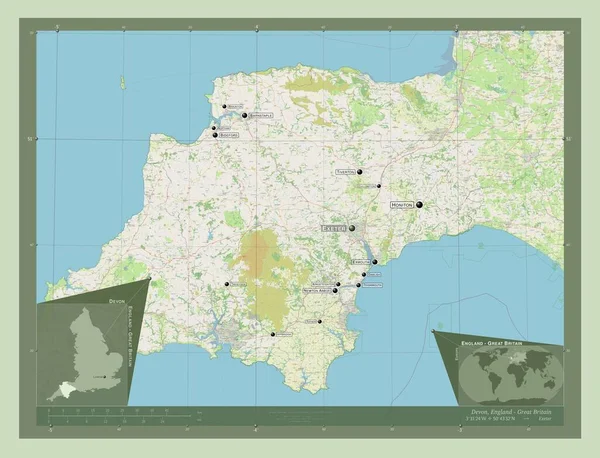 イギリスの行政郡デヴォン イギリス ストリートマップを開く 地域の主要都市の位置と名前 コーナー補助位置図 — ストック写真
