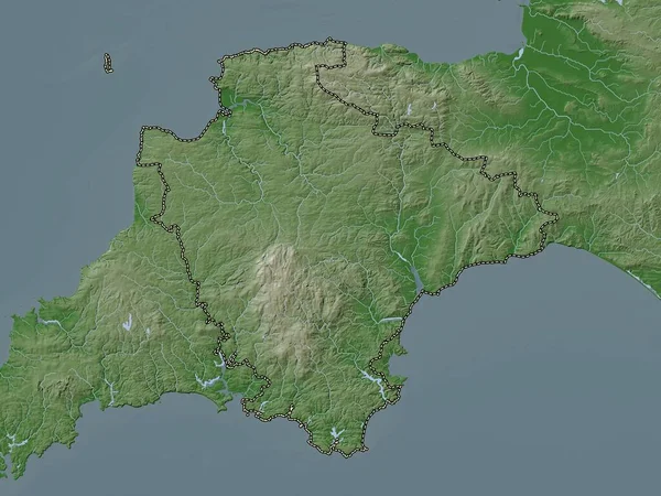 Devon, administrative county of England - Great Britain. Elevation map colored in wiki style with lakes and rivers