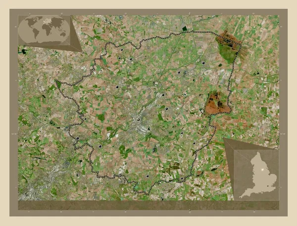 东卡斯特 英格兰行政区划 大不列颠 高分辨率卫星地图 该区域主要城市的所在地点 角辅助位置图 — 图库照片