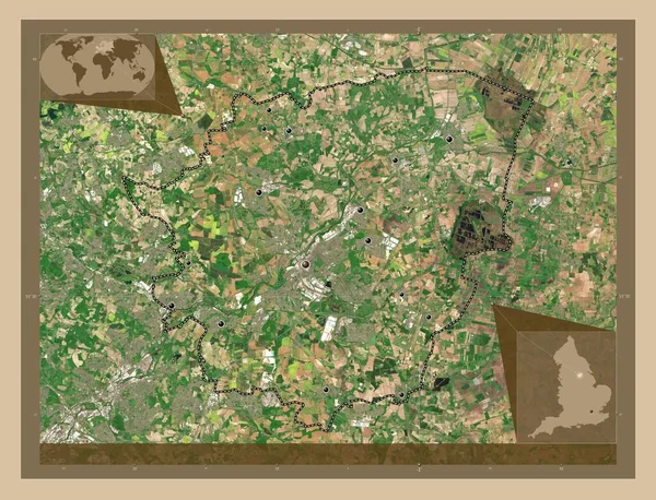东卡斯特 英格兰行政区划 大不列颠 低分辨率卫星地图 该区域主要城市的所在地点 角辅助位置图 — 图库照片