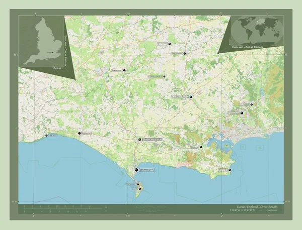 多塞特郡 英格兰的行政区划 大不列颠 开放街道地图 该区域主要城市的地点和名称 角辅助位置图 — 图库照片