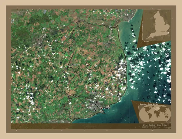 ドーバー イングランドの非大都市圏 イギリス 低解像度衛星地図 地域の主要都市の位置と名前 コーナー補助位置図 — ストック写真
