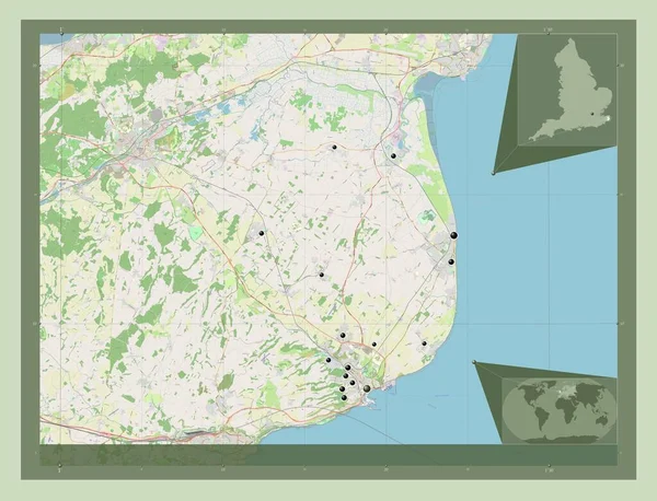 ドーバー イングランドの非大都市圏 イギリス ストリートマップを開く 地域の主要都市の場所 コーナー補助位置図 — ストック写真