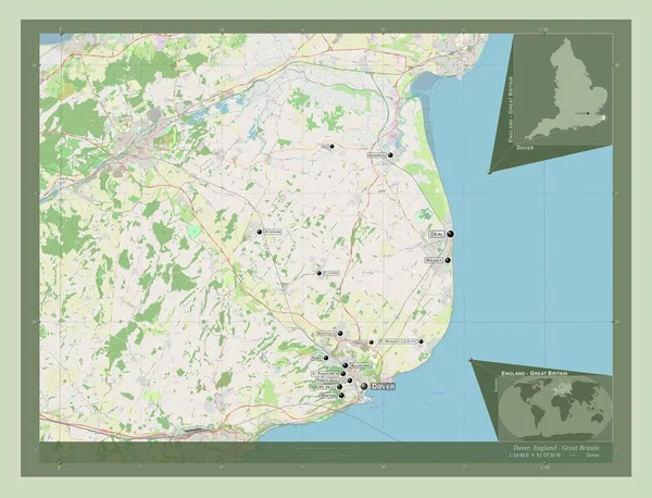 ドーバー イングランドの非大都市圏 イギリス ストリートマップを開く 地域の主要都市の位置と名前 コーナー補助位置図 — ストック写真