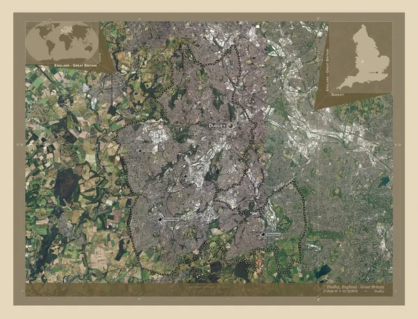ダドリー イングランドの行政郡 イギリス 高解像度衛星地図 地域の主要都市の位置と名前 コーナー補助位置図 — ストック写真
