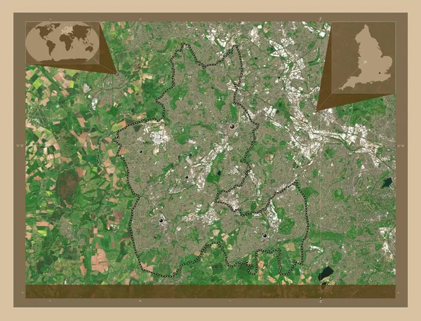 ダドリー イングランドの行政郡 イギリス 低解像度衛星地図 地域の主要都市の場所 コーナー補助位置図 — ストック写真
