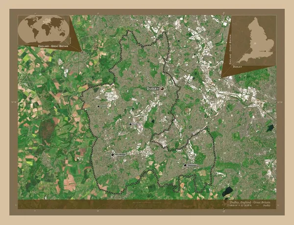 杜德利 英格兰的行政区划 大不列颠 低分辨率卫星地图 该区域主要城市的地点和名称 角辅助位置图 — 图库照片