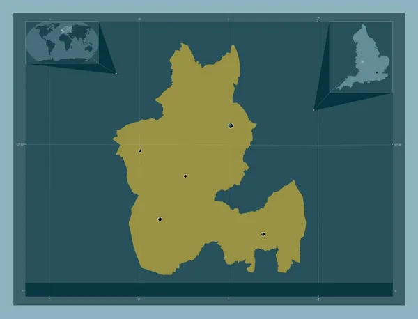 杜德利 英格兰的行政区划 大不列颠 固体的颜色形状 该区域主要城市的所在地点 角辅助位置图 — 图库照片