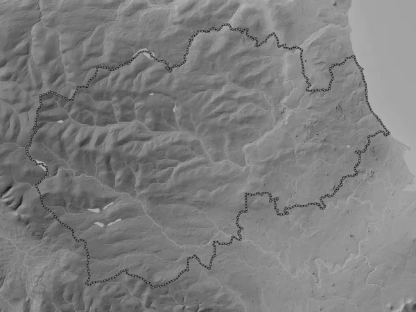 County Durham, administrative county of England - Great Britain. Grayscale elevation map with lakes and rivers
