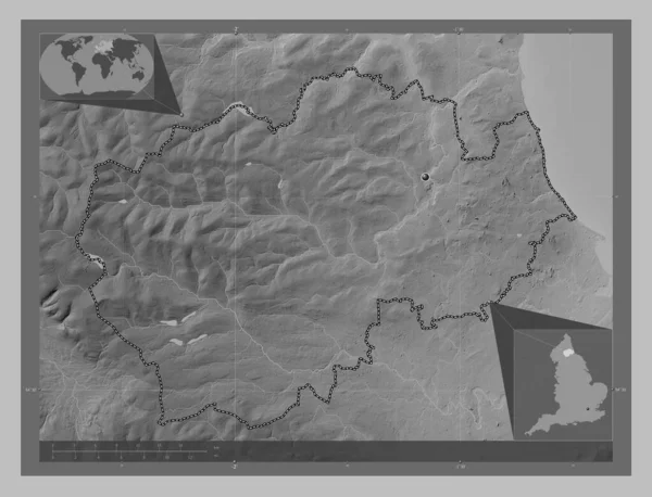 County Durham, administrative county of England - Great Britain. Grayscale elevation map with lakes and rivers. Corner auxiliary location maps