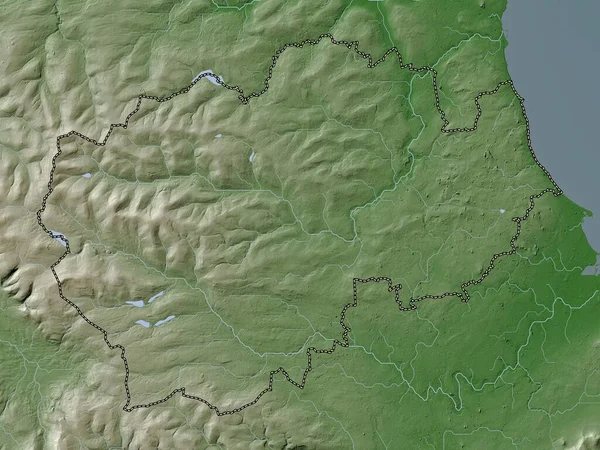 County Durham, administrative county of England - Great Britain. Elevation map colored in wiki style with lakes and rivers