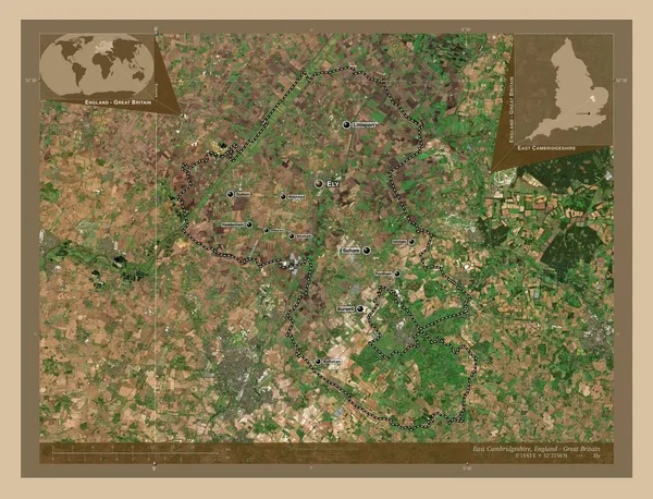 东坎布里奇郡 英格兰的非都市地区 大不列颠 低分辨率卫星地图 该区域主要城市的地点和名称 角辅助位置图 — 图库照片