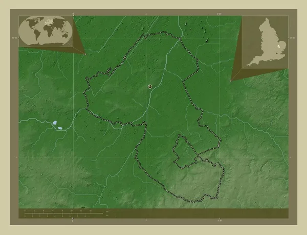 东坎布里奇郡 英格兰的非都市地区 大不列颠 用Wiki风格绘制的带有湖泊和河流的高程地图 角辅助位置图 — 图库照片
