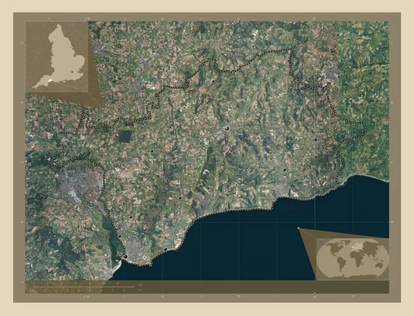 イギリスの首都圏ではない東デヴォン州 イギリス 高解像度衛星地図 地域の主要都市の場所 コーナー補助位置図 — ストック写真