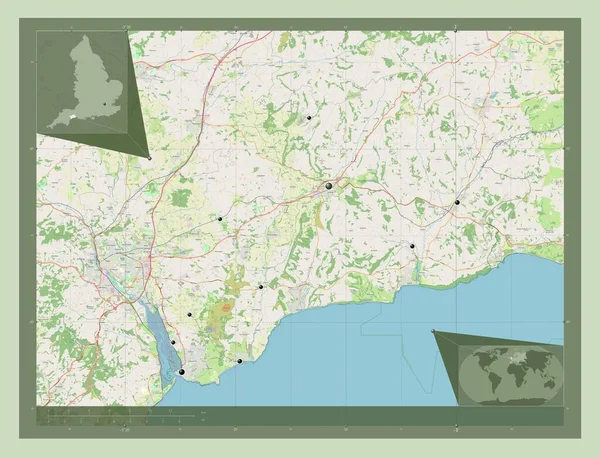 イギリスの首都圏ではない東デヴォン州 イギリス ストリートマップを開く 地域の主要都市の場所 コーナー補助位置図 — ストック写真