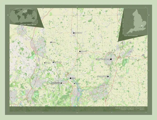 イースト ハートフォードシャー イギリスの首都圏ではない地域 イギリス ストリートマップを開く 地域の主要都市の位置と名前 コーナー補助位置図 — ストック写真