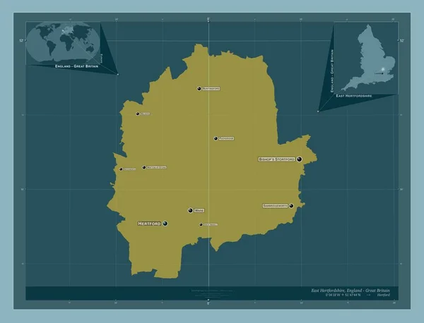 英格兰东部赫特福德郡 非大都市地区 大不列颠 固体的颜色形状 该区域主要城市的地点和名称 角辅助位置图 — 图库照片
