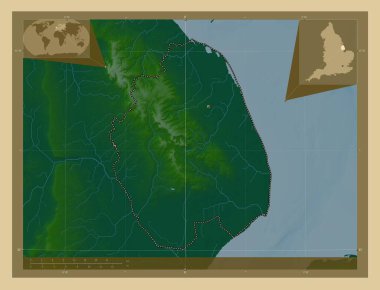 Doğu Lindsey, İngiltere 'nin metropolitan olmayan bölgesi. Gölleri ve nehirleri olan renkli yükseklik haritası. Köşedeki yedek konum haritaları