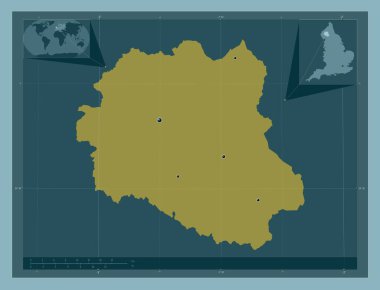 Eden, İngiltere 'nin metropolitan olmayan bölgesi, Büyük Britanya. Katı renk şekli. Bölgenin büyük şehirlerinin yerleri. Köşedeki yedek konum haritaları