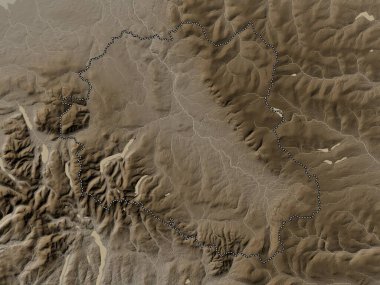 Eden, İngiltere 'nin metropolitan olmayan bölgesi, Büyük Britanya. Yükseklik haritası sepya tonlarında göller ve nehirlerle renklendirilmiş