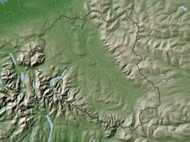 Eden, İngiltere 'nin metropolitan olmayan bölgesi, Büyük Britanya. Yükseklik haritası göller ve nehirlerle wiki stilinde renklendirilmiştir