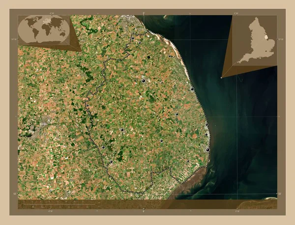 イギリスの首都圏ではない東リンジー 英語版 イギリス 低解像度衛星地図 地域の主要都市の場所 コーナー補助位置図 — ストック写真