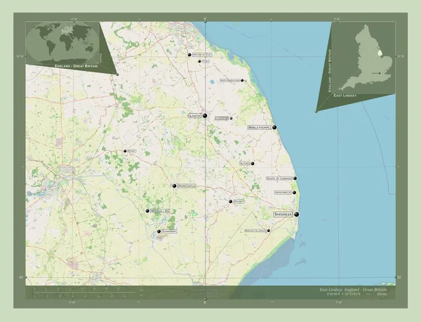 イギリスの首都圏ではない東リンジー 英語版 イギリス ストリートマップを開く 地域の主要都市の位置と名前 コーナー補助位置図 — ストック写真