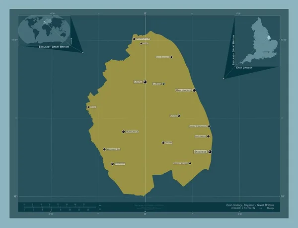 イギリスの首都圏ではない東リンジー 英語版 イギリス しっかりした色の形 地域の主要都市の位置と名前 コーナー補助位置図 — ストック写真