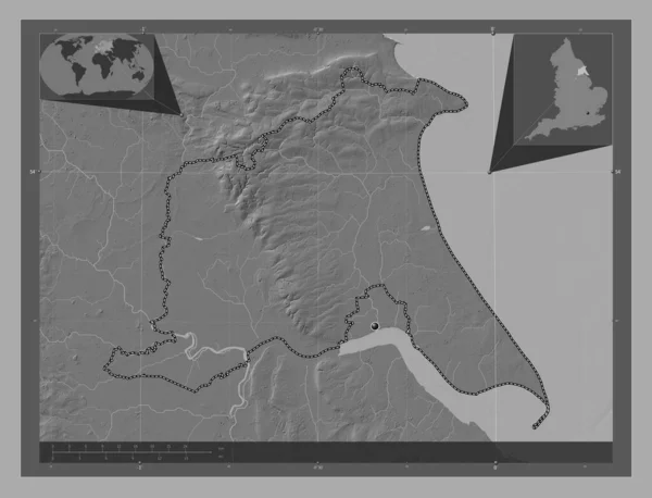 stock image East Riding of Yorkshire, unitary authority of England - Great Britain. Bilevel elevation map with lakes and rivers. Corner auxiliary location maps