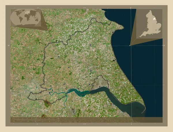 约克郡的东行 英格兰的统一权威 大不列颠 高分辨率卫星地图 该区域主要城市的所在地点 角辅助位置图 — 图库照片