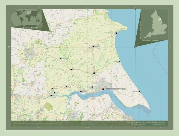 ヨークシャーの東乗馬 イギリスの統一当局 イギリス ストリートマップを開く 地域の主要都市の位置と名前 コーナー補助位置図 — ストック写真