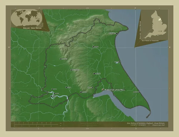 ヨークシャーの東乗馬 イギリスの統一当局 イギリス 湖や川とWikiスタイルで着色された標高マップ 地域の主要都市の位置と名前 コーナー補助位置図 — ストック写真