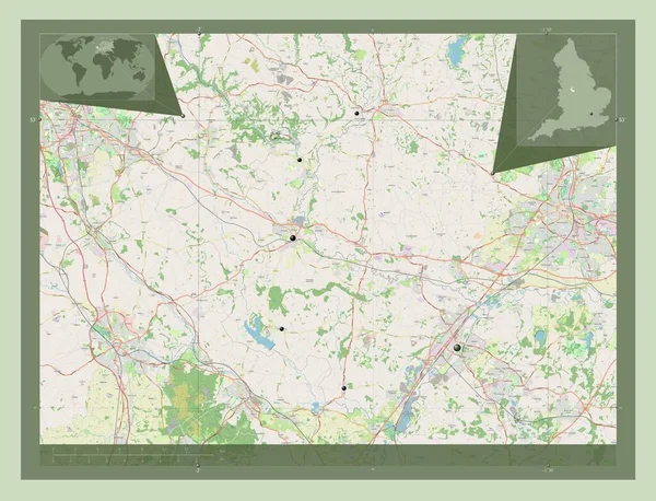 イースト スタッフォードシャー イングランドの大都市圏ではない地域 イギリス ストリートマップを開く 地域の主要都市の場所 コーナー補助位置図 — ストック写真