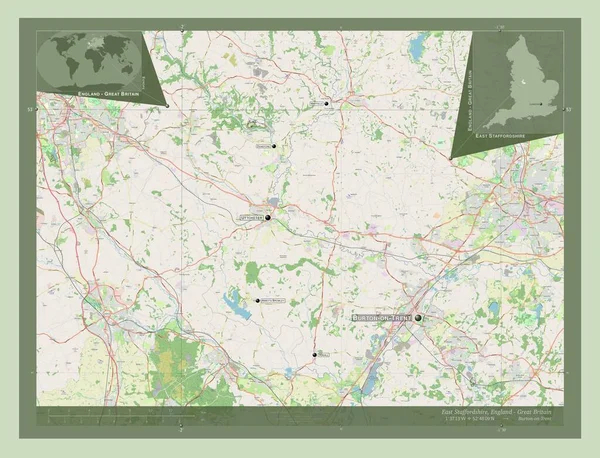 イースト スタッフォードシャー イングランドの大都市圏ではない地域 イギリス ストリートマップを開く 地域の主要都市の位置と名前 コーナー補助位置図 — ストック写真