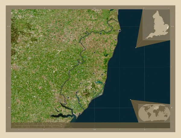 イギリスの首都圏ではない東サフォーク 英語版 イギリス 高解像度衛星地図 地域の主要都市の場所 コーナー補助位置図 — ストック写真