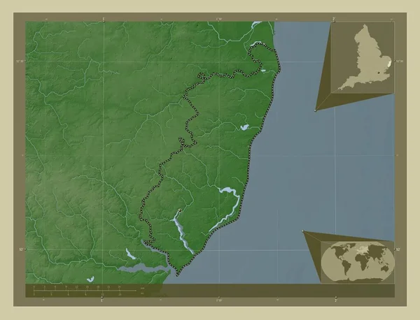 东萨福克 英格兰非大都市地区 大不列颠 用Wiki风格绘制的带有湖泊和河流的高程地图 角辅助位置图 — 图库照片