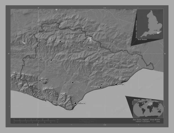 stock image East Sussex, administrative county of England - Great Britain. Bilevel elevation map with lakes and rivers. Locations and names of major cities of the region. Corner auxiliary location maps