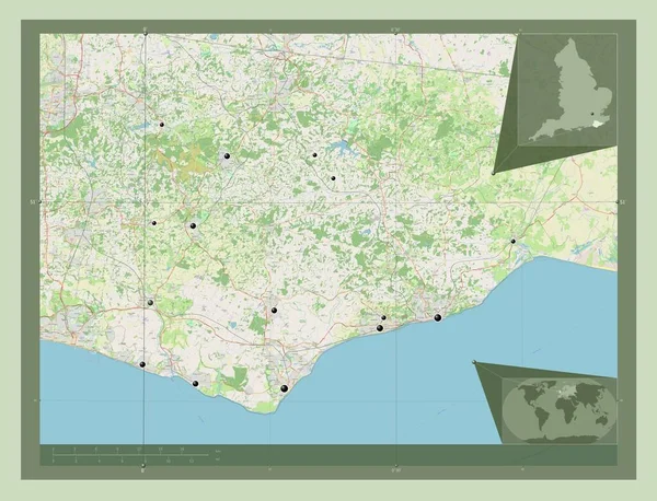 东苏塞克斯 英格兰行政区划 大不列颠 开放街道地图 该区域主要城市的所在地点 角辅助位置图 — 图库照片