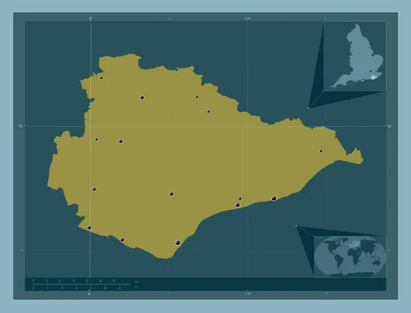 东苏塞克斯 英格兰行政区划 大不列颠 固体的颜色形状 该区域主要城市的所在地点 角辅助位置图 — 图库照片