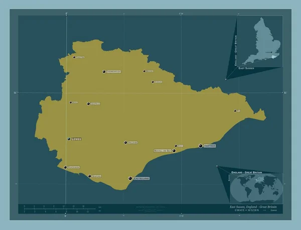 东苏塞克斯 英格兰行政区划 大不列颠 固体的颜色形状 该区域主要城市的地点和名称 角辅助位置图 — 图库照片