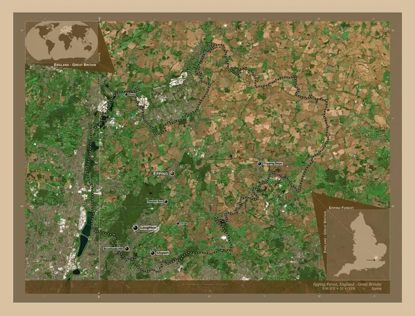 イギリスの首都圏ではないエッピング フォレスト 英語版 イギリス 低解像度衛星地図 地域の主要都市の位置と名前 コーナー補助位置図 — ストック写真
