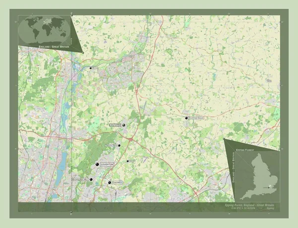 イギリスの首都圏ではないエッピング フォレスト 英語版 イギリス ストリートマップを開く 地域の主要都市の位置と名前 コーナー補助位置図 — ストック写真