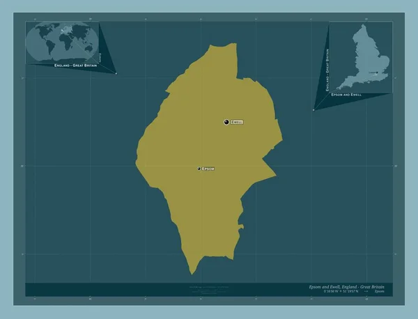 エプソムとイーウェル イングランドの非大都市圏 イギリス しっかりした色の形 地域の主要都市の位置と名前 コーナー補助位置図 — ストック写真