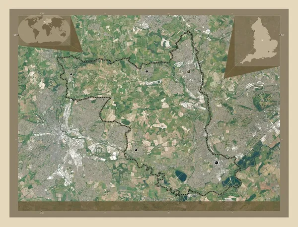 イングランドの大都市圏ではないエリーウォッシュ イギリス 高解像度衛星地図 地域の主要都市の場所 コーナー補助位置図 — ストック写真