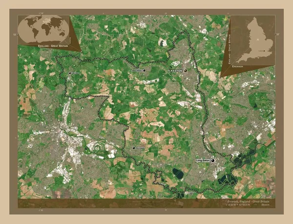 イングランドの大都市圏ではないエリーウォッシュ イギリス 低解像度衛星地図 地域の主要都市の位置と名前 コーナー補助位置図 — ストック写真